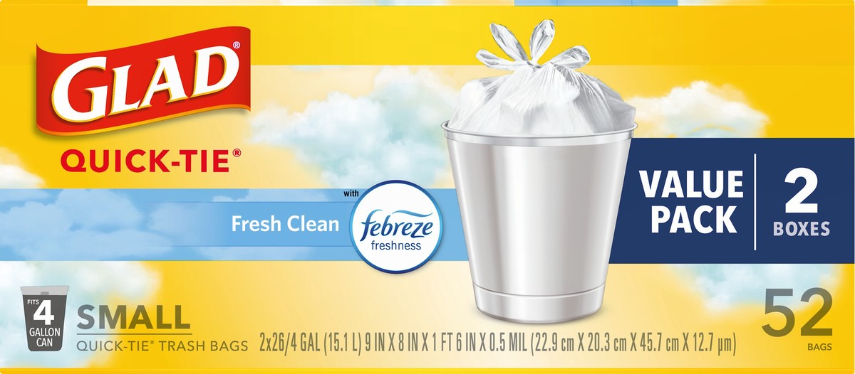 slide 7 of 7, Glad Small Trash Bags - OdorShield 4 Gallon White Trash Bag, Febreze Fresh Clean - 52 Count, 2 ct