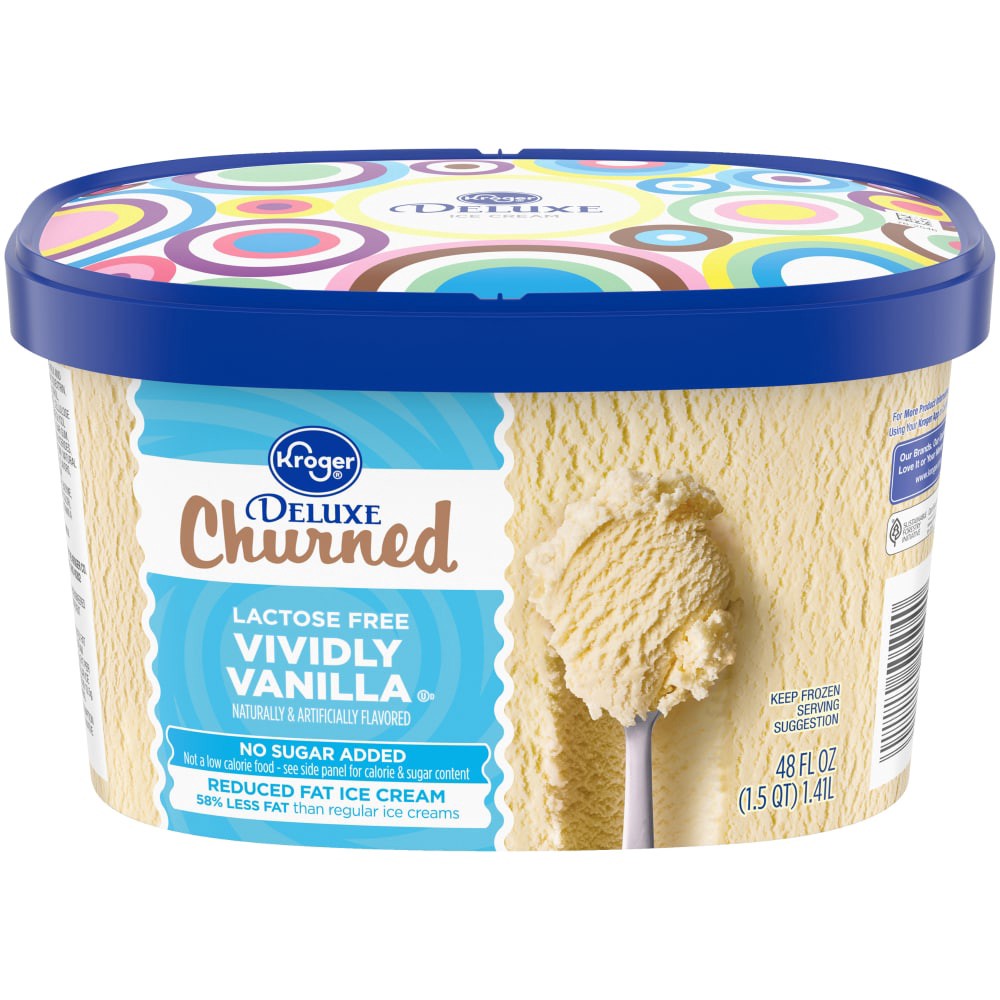 slide 1 of 6, Kroger Deluxe Churned Lactose Free No Sugar Added Reduced Fat Vividly Vanilla Ice Cream, 48 fl oz