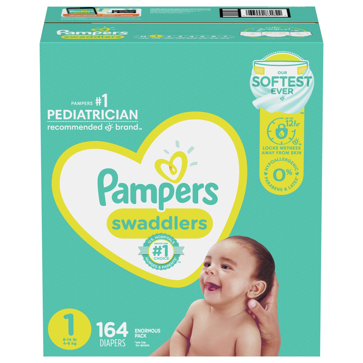 slide 1 of 1, Pampers Swaddlers Newborn Diapers Size 1 164 Count, 164 ct