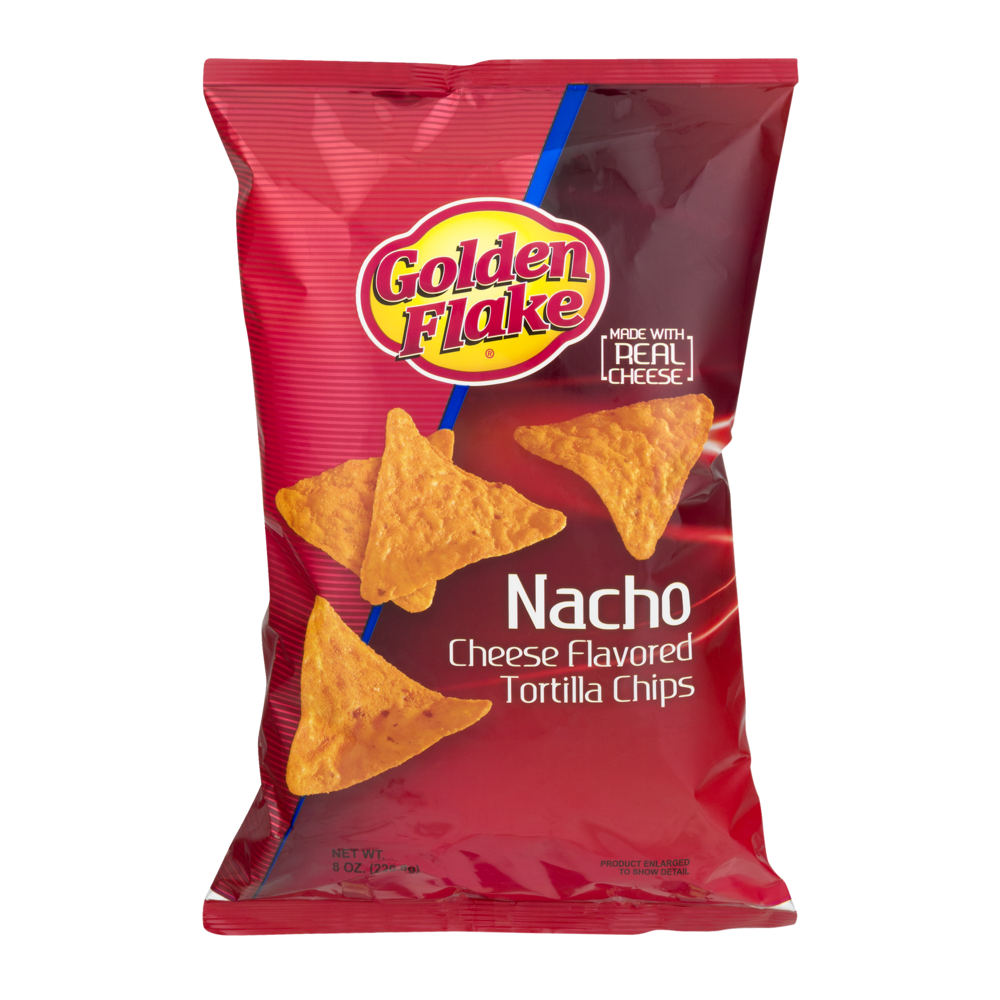 slide 1 of 1, Golden Flake Tortilla Chips Cheese Flavored Nacho, 8 oz