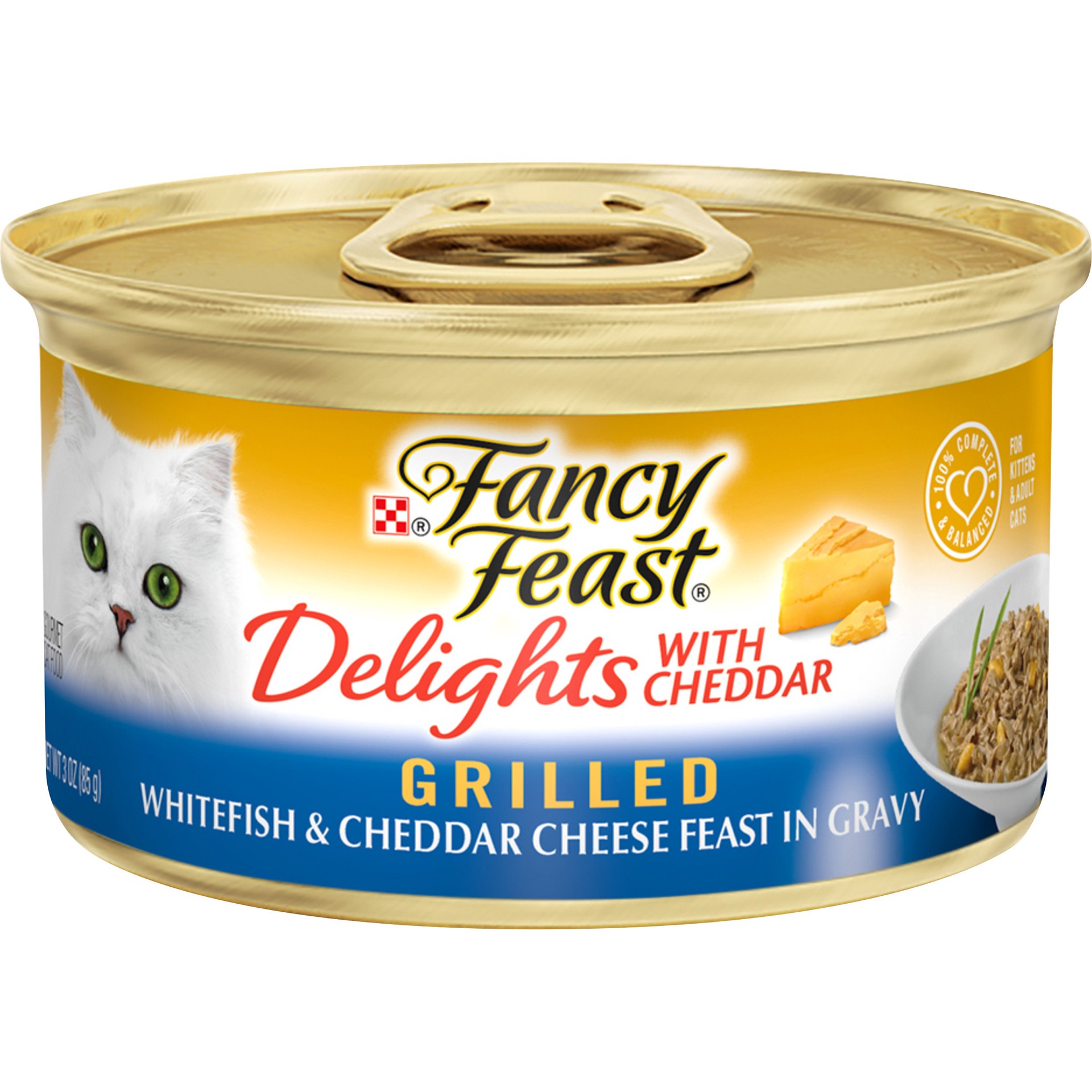 slide 1 of 9, Fancy Feast Purina Fancy Feast Gravy Wet Cat Food, Delights Grilled Whitefish & Cheddar Cheese Feast in Gravy, 3 oz