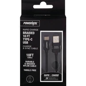 slide 1 of 1, PowerXcel Rapid Charge Braided Type-C USB Charge & Sync Cable - Black, 10 ft