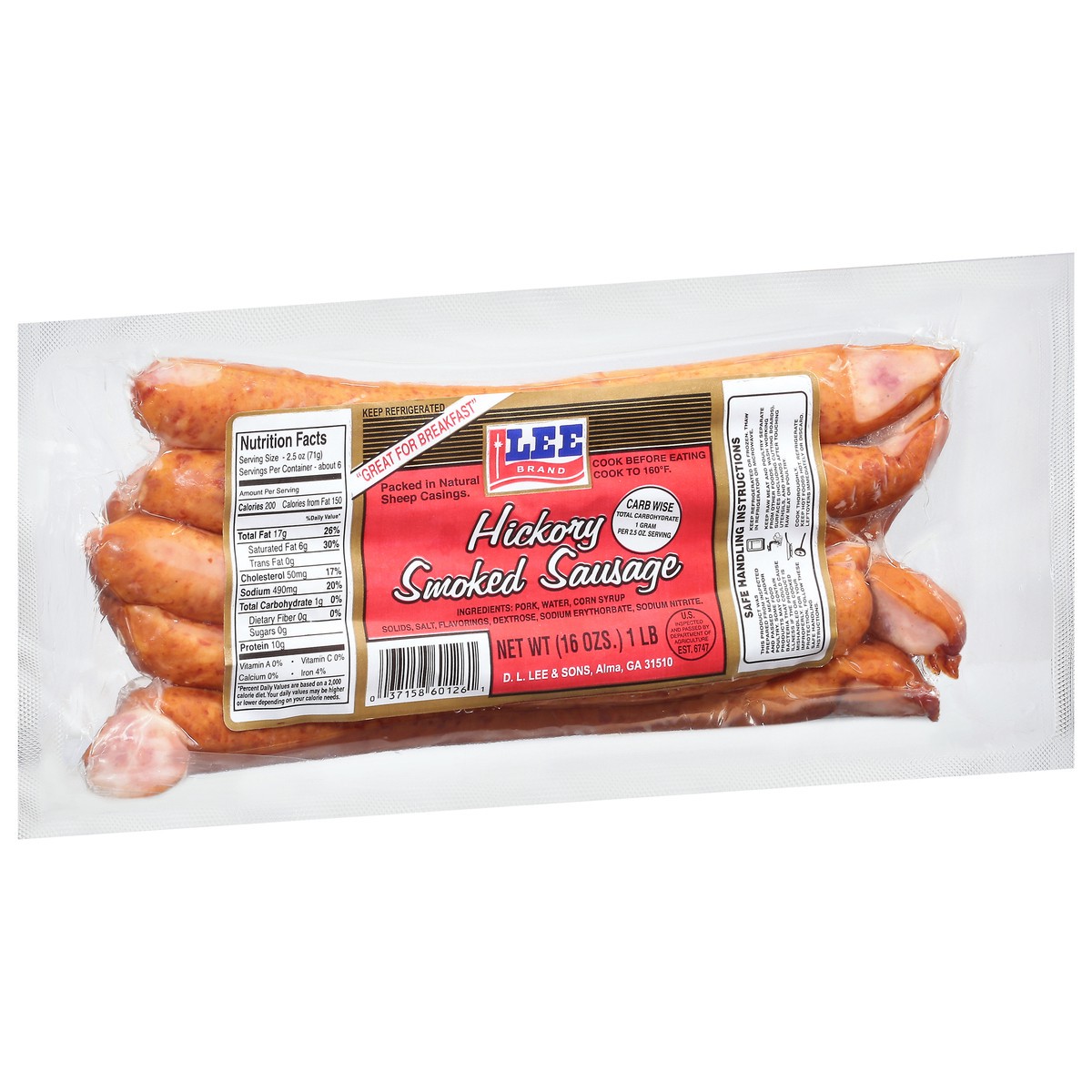 slide 3 of 4, DL Lee Smoked Sausage, 16 oz
