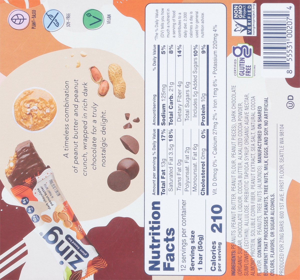 slide 3 of 13, Zing Dark Chocolate Peanut Butter Plant-Based Bar 12 - 1.76 oz Wrappers, 12 ct