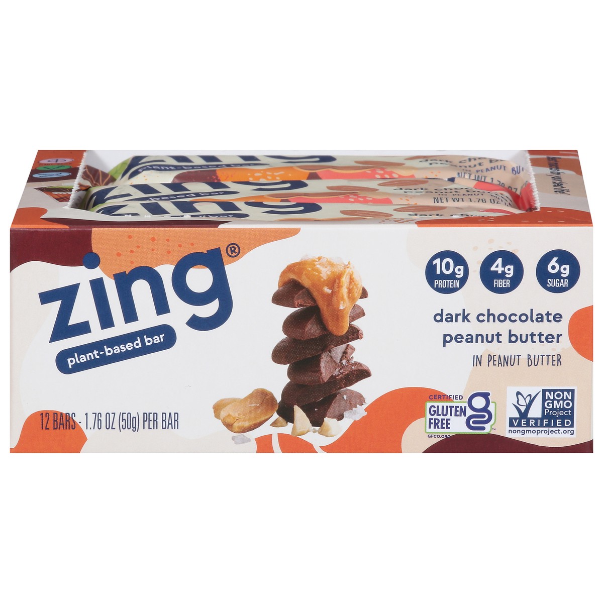 slide 1 of 13, Zing Dark Chocolate Peanut Butter Plant-Based Bar 12 - 1.76 oz Wrappers, 12 ct