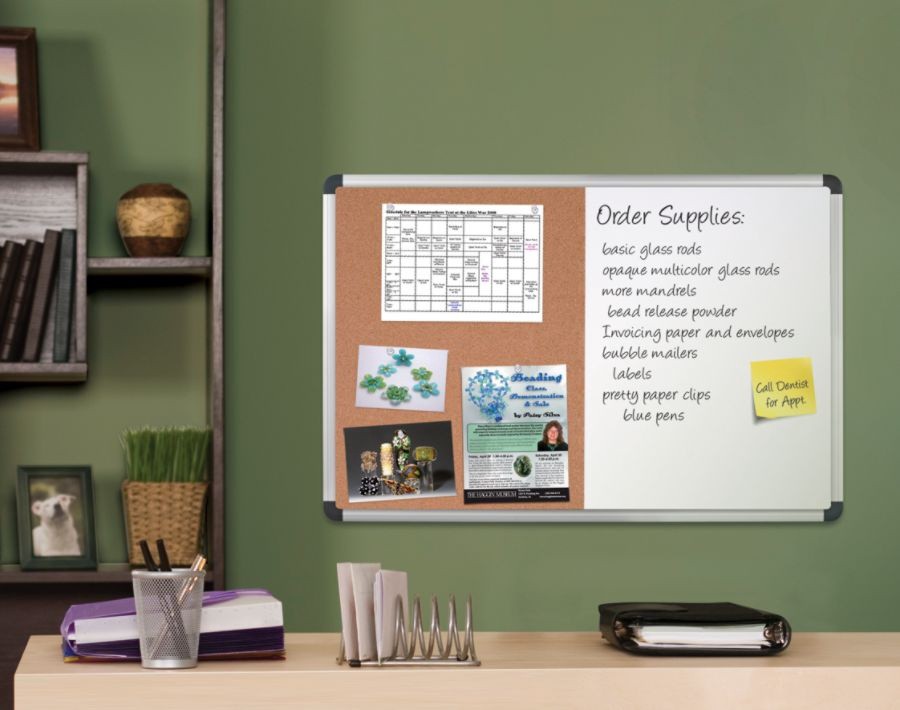 slide 3 of 3, Office Depot Brand Magnetic Dry-Erase Combo Board, Cork/Steel, 24'' X 36'', White/Natural, Aluminum Frame, 24 in