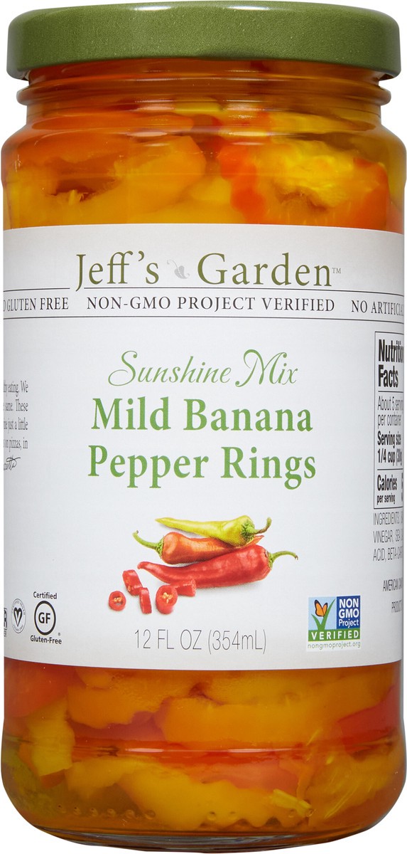 slide 4 of 7, Jeff's Garden Sunshine Mix Mild Banana Pepper Rings, 12 fl oz, 12 oz