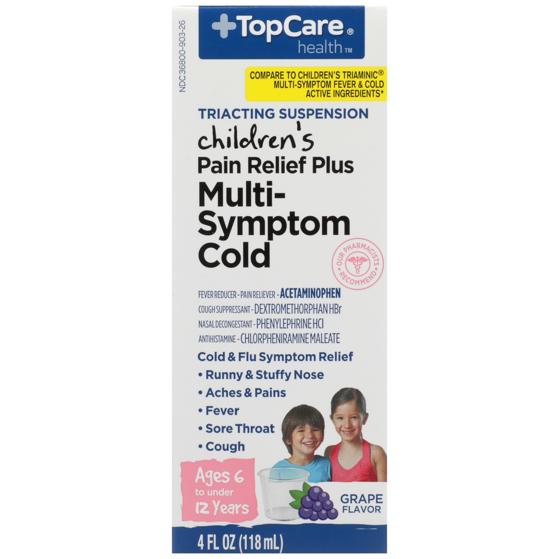 slide 1 of 6, TopCare Multi-Symptom Cold Children's Pain Relief Plus Triacting Suspension Grape, 4 fl oz