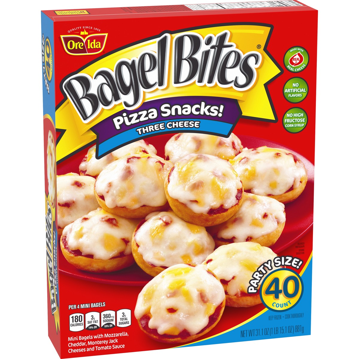 slide 2 of 9, Bagel Bites Three Cheese Mini Pizza Bagel Frozen Snacks, 40 ct Box, 40 ct