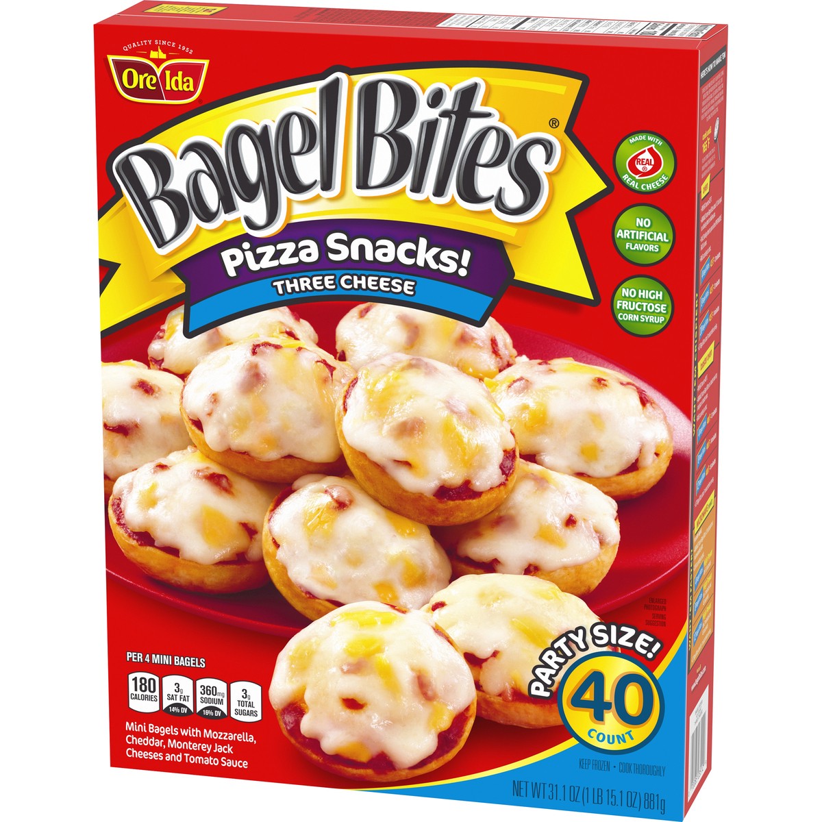 slide 3 of 9, Bagel Bites Three Cheese Mini Pizza Bagel Frozen Snacks, 40 ct Box, 40 ct