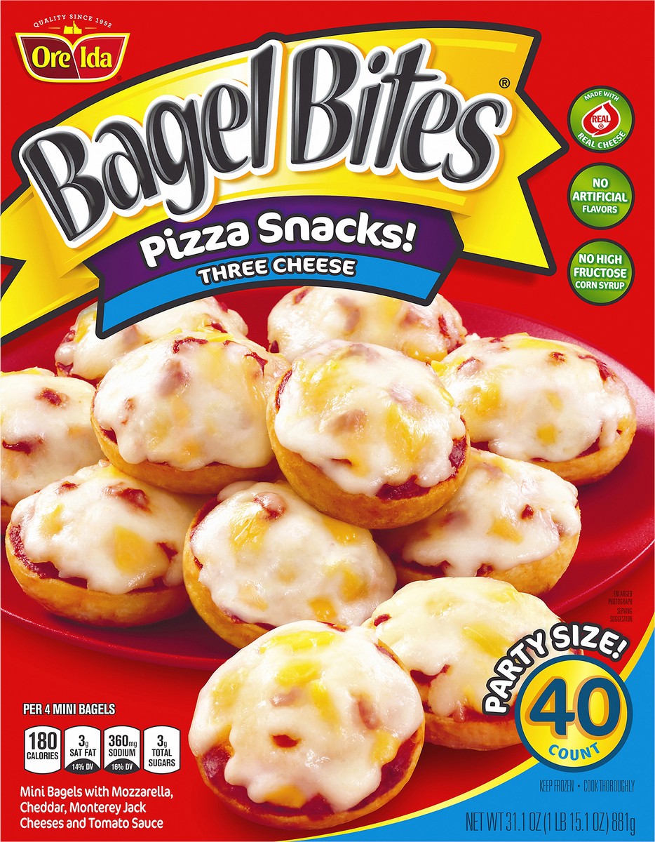 slide 6 of 9, Bagel Bites Three Cheese Mini Pizza Bagel Frozen Snacks, 40 ct Box, 40 ct