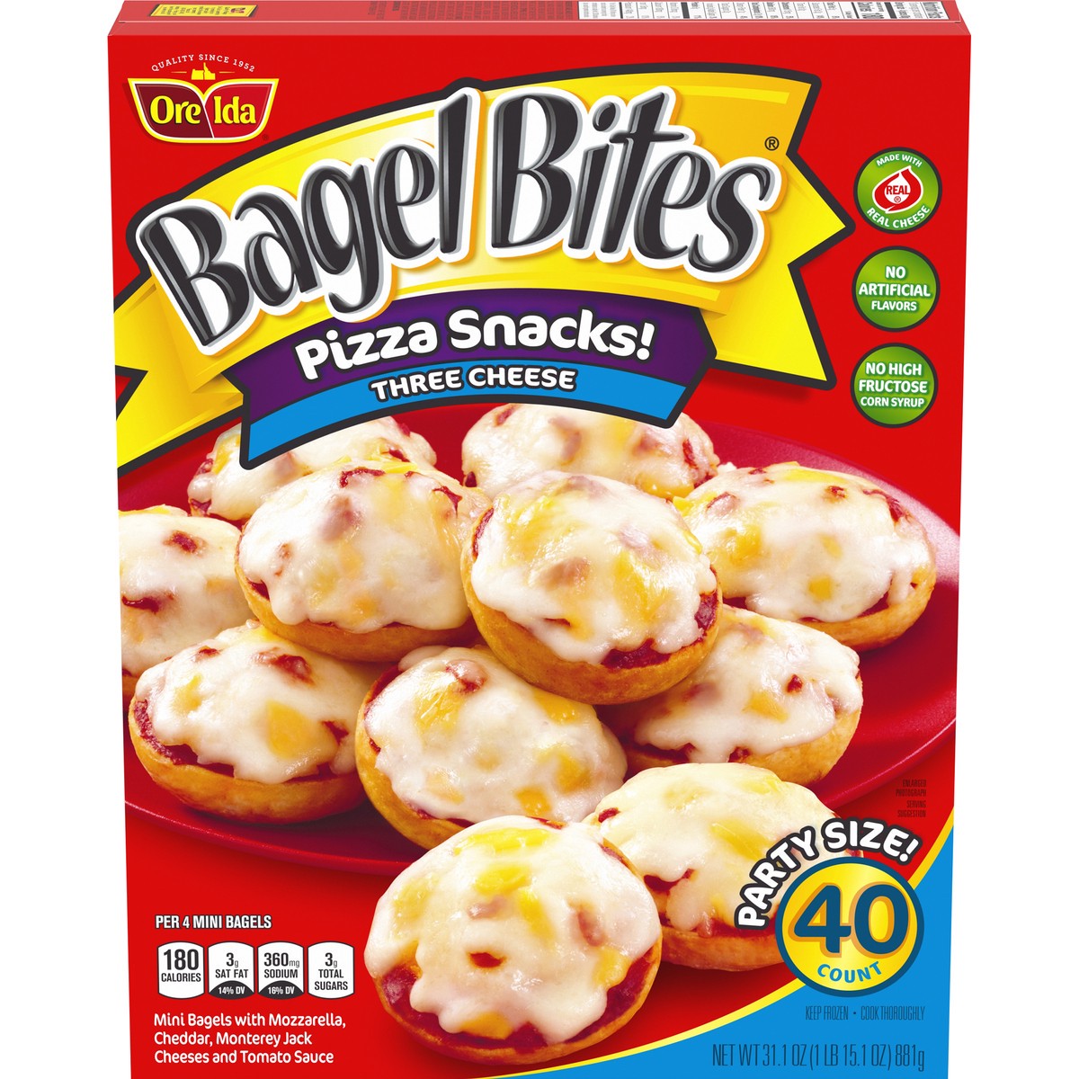 slide 1 of 9, Bagel Bites Three Cheese Mini Pizza Bagel Frozen Snacks, 40 ct Box, 40 ct