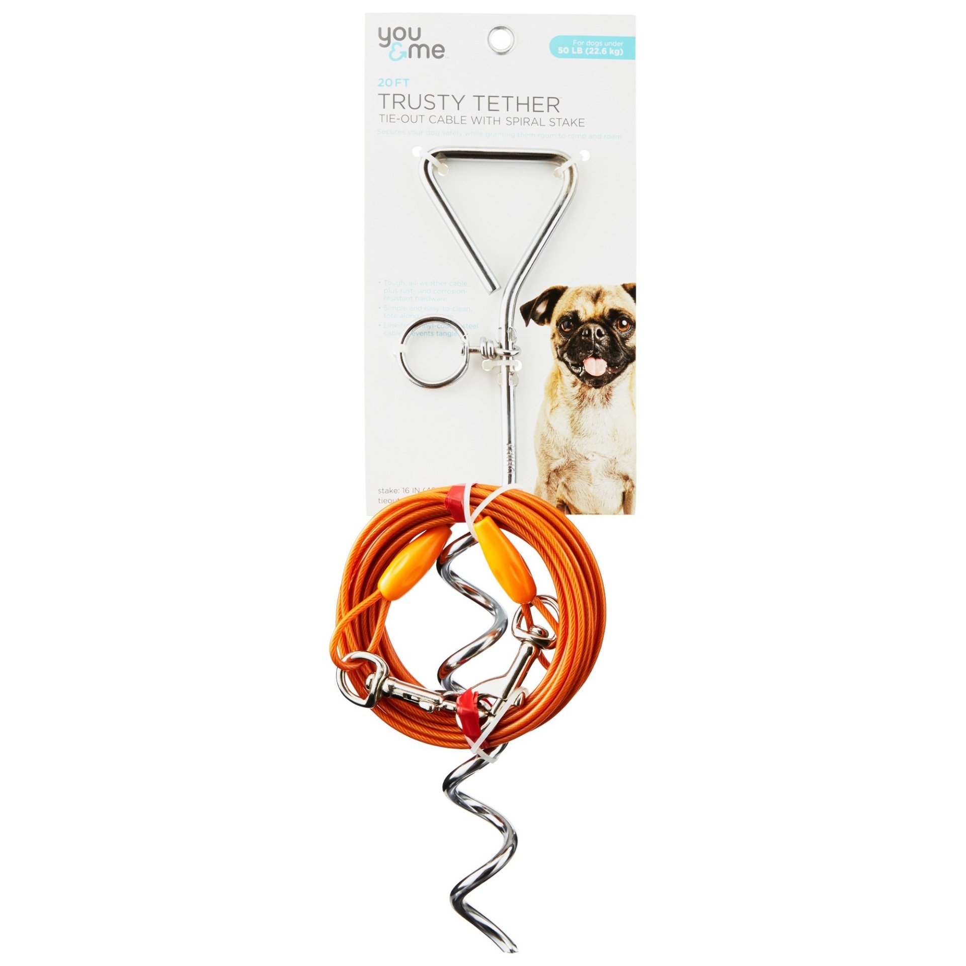 slide 1 of 1, You & Me Trusty Tether Orange Tie-Out Cable with Spiral Stake, MED