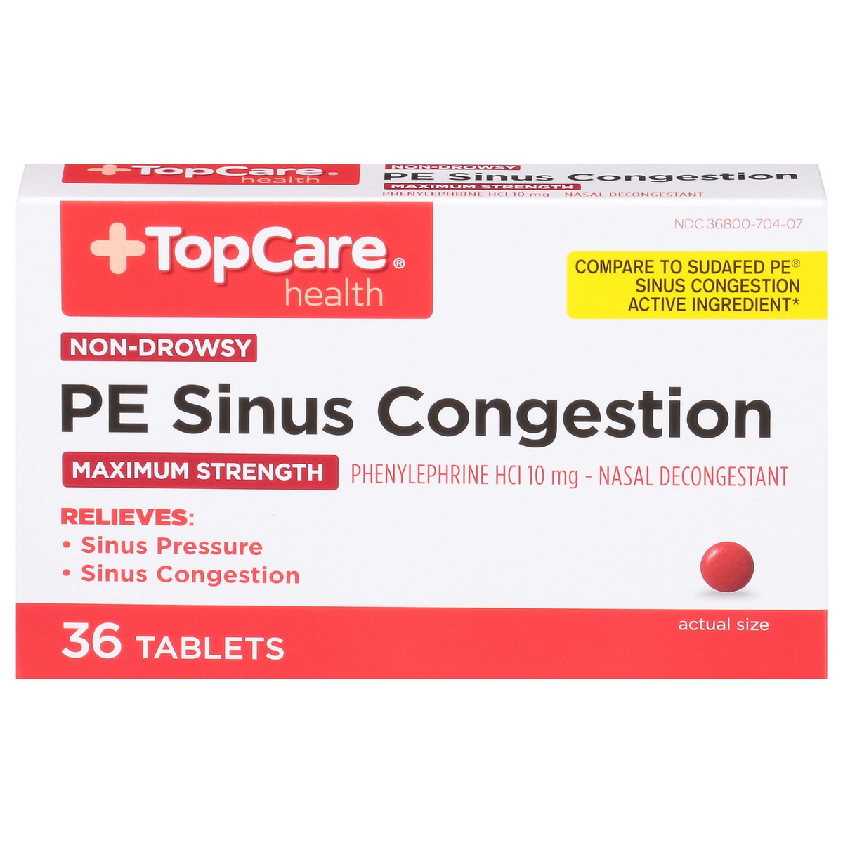 slide 1 of 9, TopCare Top Care Nasal Decongestant Pe Maximum Strength Non-Drowsy Tablets, 36 ct