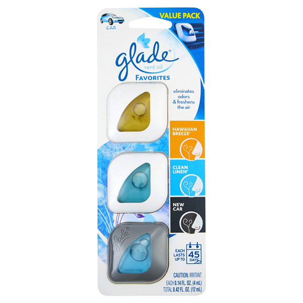 slide 1 of 1, Glade Vent Oil, 1 Hawaiian Breeze, 1 Clean Linen, 1 New Car, 3 ct