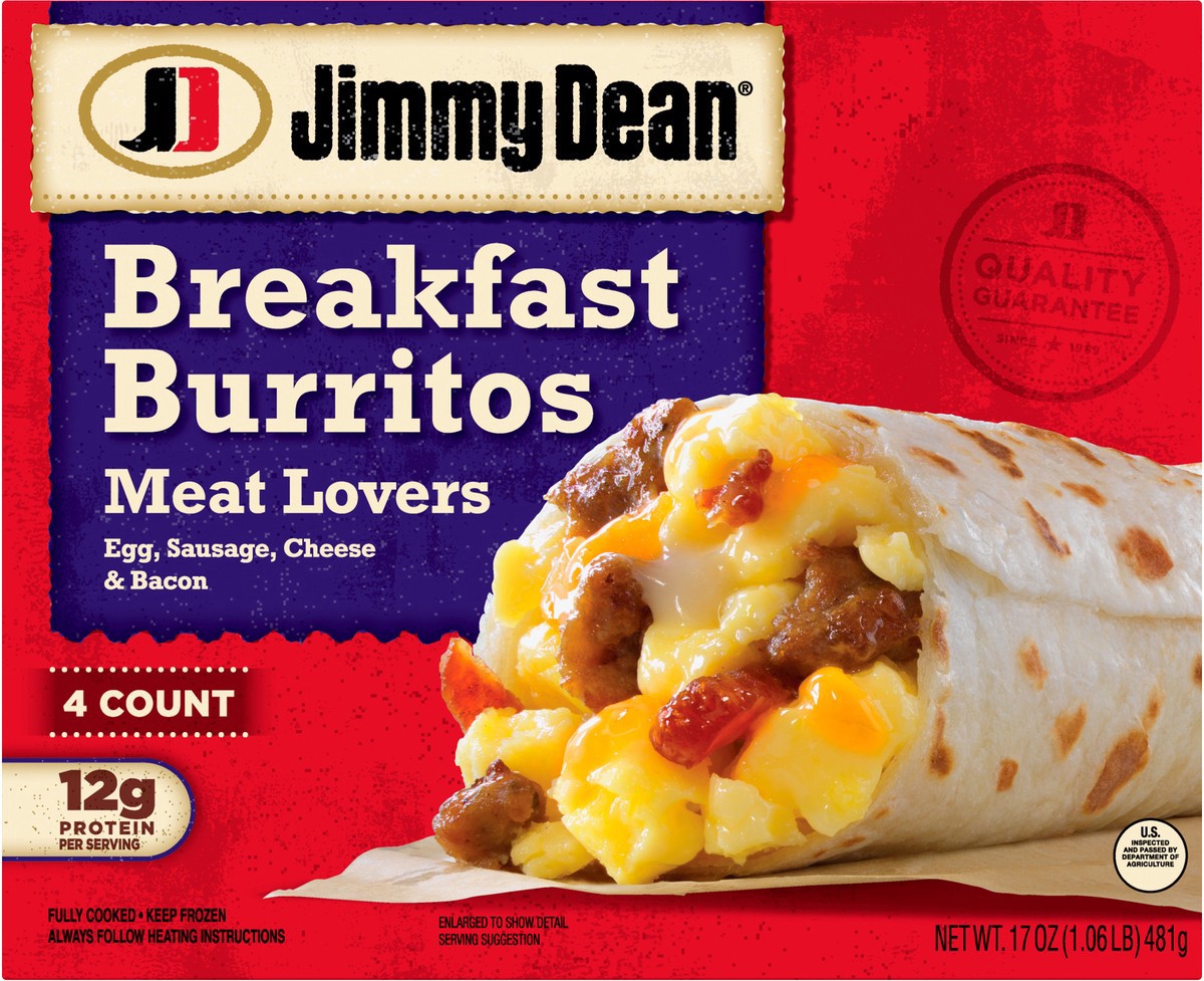 slide 6 of 7, Jimmy Dean Breakfast Burritos Meat Lovers, Frozen, 4 Count, 481.94 g