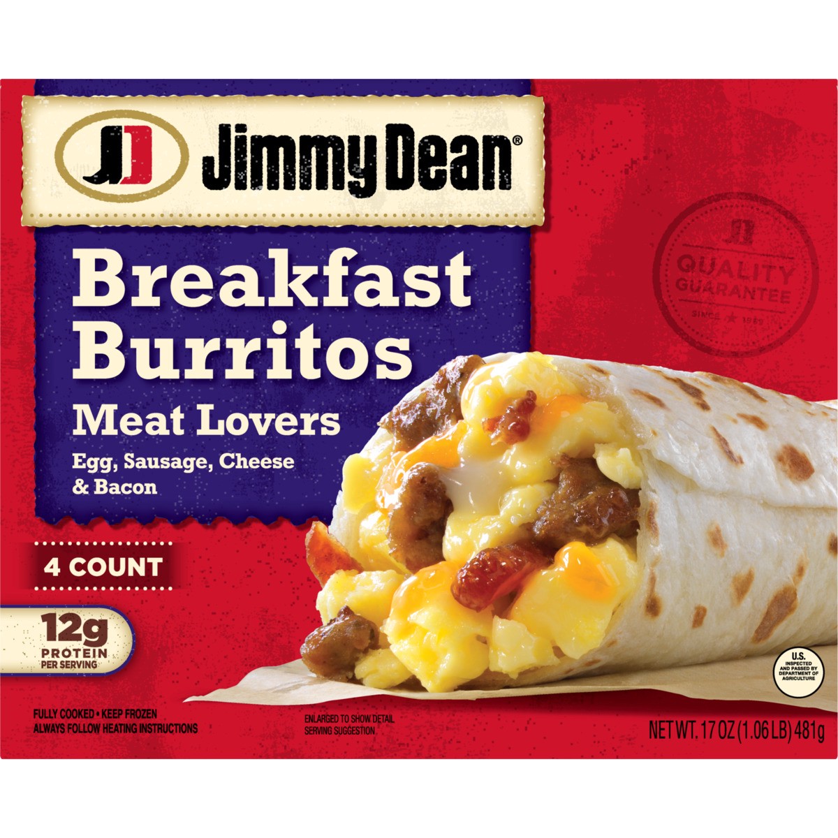 slide 1 of 7, Jimmy Dean Breakfast Burritos Meat Lovers, Frozen, 4 Count, 17 oz