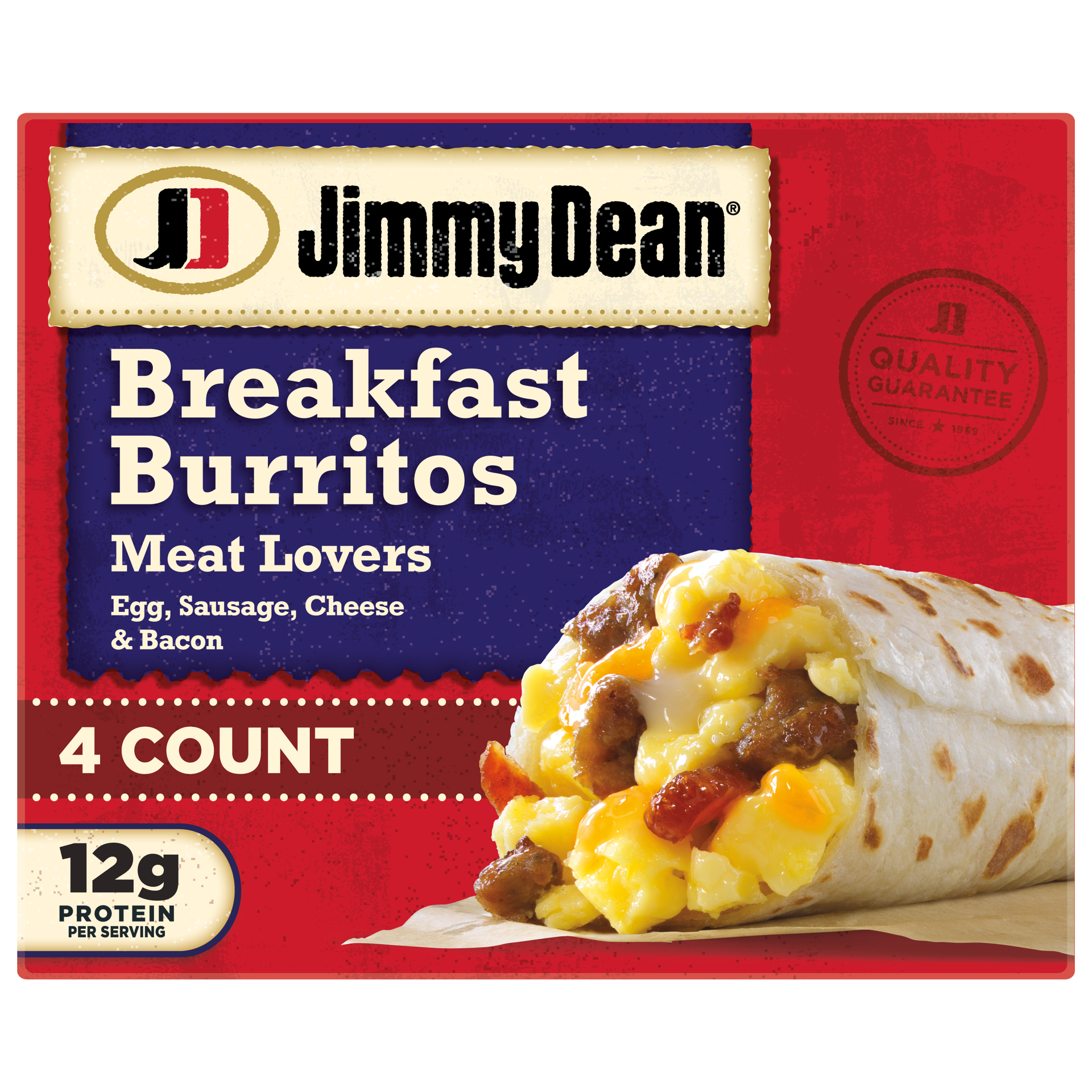 slide 1 of 7, Jimmy Dean Breakfast Burritos Meat Lovers, Frozen, 4 Count, 481.94 g