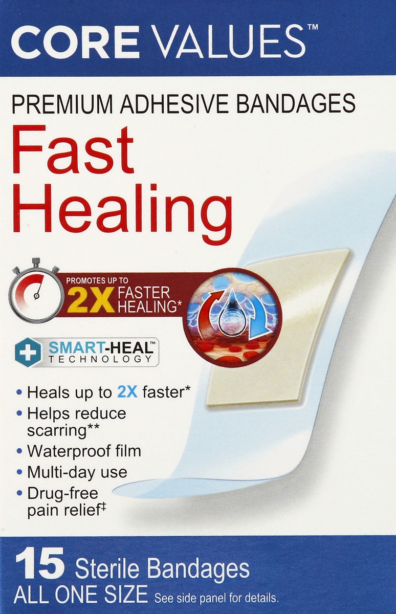 slide 4 of 4, Core Values Premium Adhesive Fast-Healing Bandages - All One Size, 15 ct