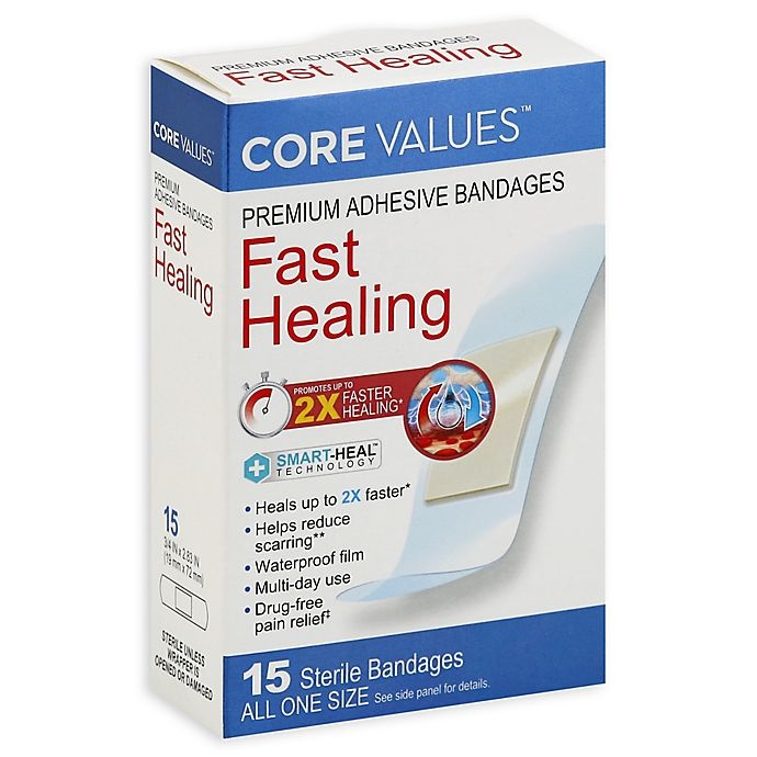 slide 1 of 4, Core Values Premium Adhesive Fast-Healing Bandages - All One Size, 15 ct