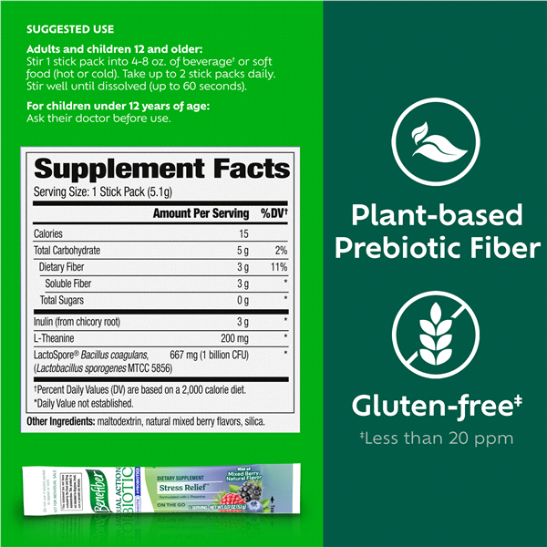 slide 2 of 29, Benefiber Dual Action Stress Relief Mixed Berry Natural Flavor Biotic 18 - 0.17 oz Packets, 18 ct