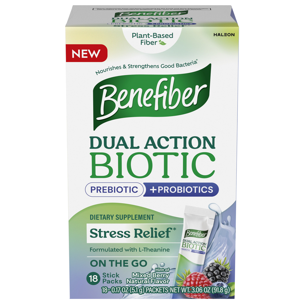 slide 1 of 29, Benefiber Dual Action Stress Relief Mixed Berry Natural Flavor Biotic 18 - 0.17 oz Packets, 18 ct