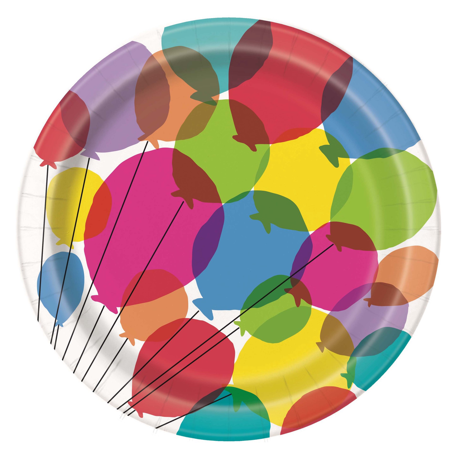 slide 1 of 1, Unique Industries Balloons & Rainbow Birthday Paper Plates, 9 in., 8 ct