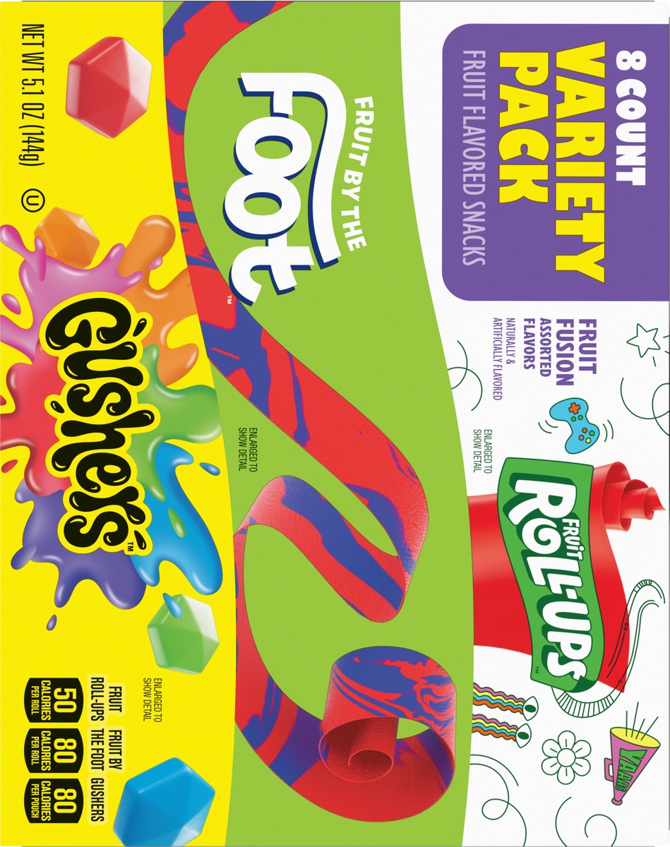 slide 10 of 13, Fruit Roll-Ups, Fruit by the Foot, Gushers Snacks Variety Pack, 8 ct, 8 ct