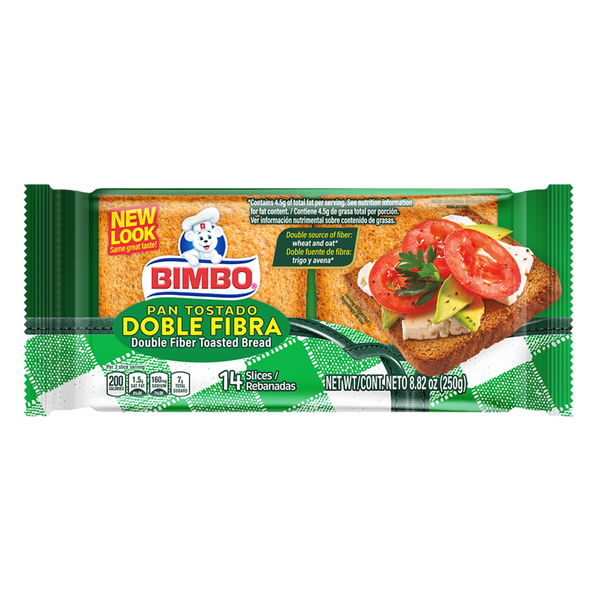 slide 1 of 7, Bimbo Pan Tostado Doble Fibra Toasted Bread, 14 count, Double Fiber Toasted Bread, 8.82 oz Bag, 14 ct