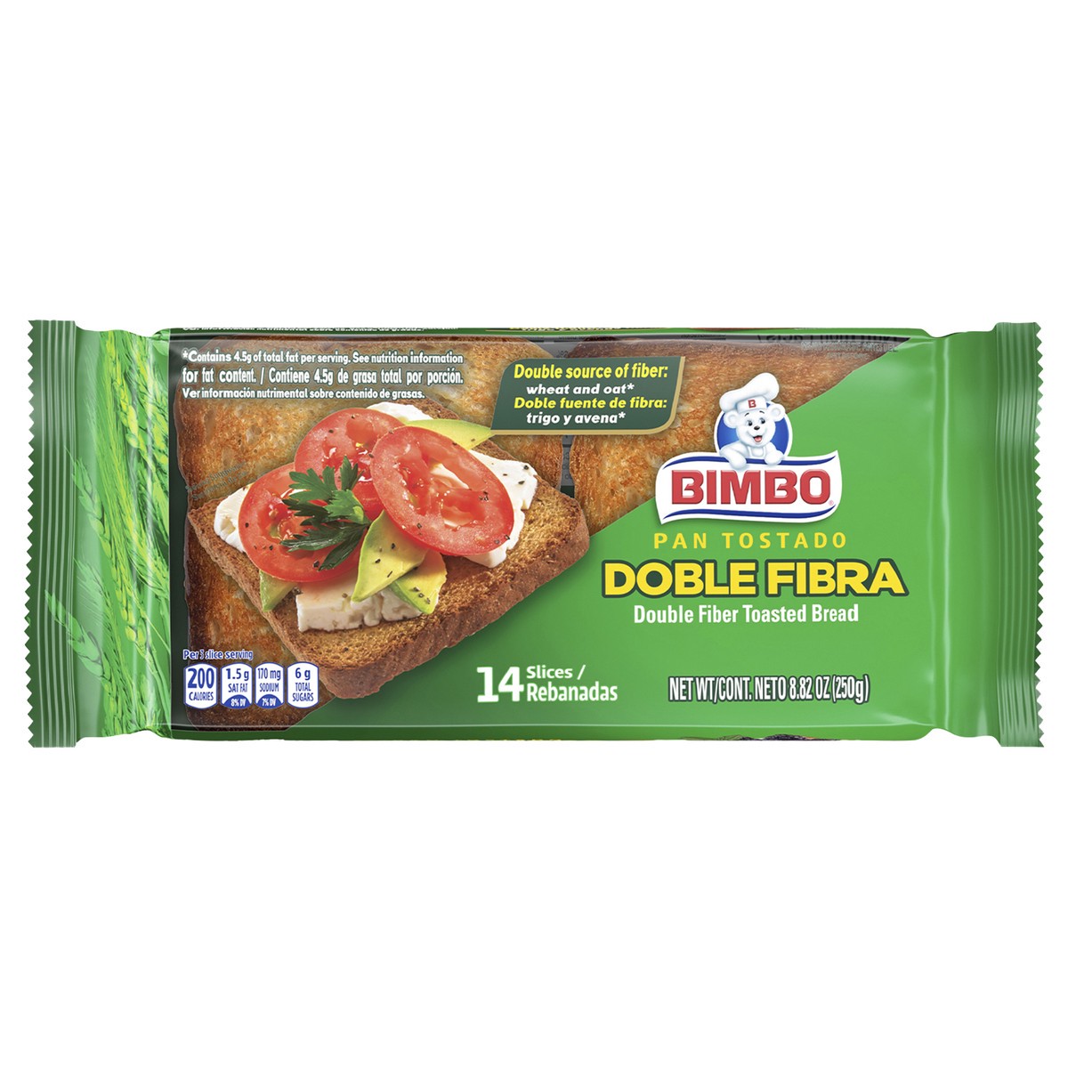 slide 1 of 7, Bimbo Pan Tostado Doble Fibra Double Fiber Toasted Bread, 14 count, 8.82 oz, 16 ct