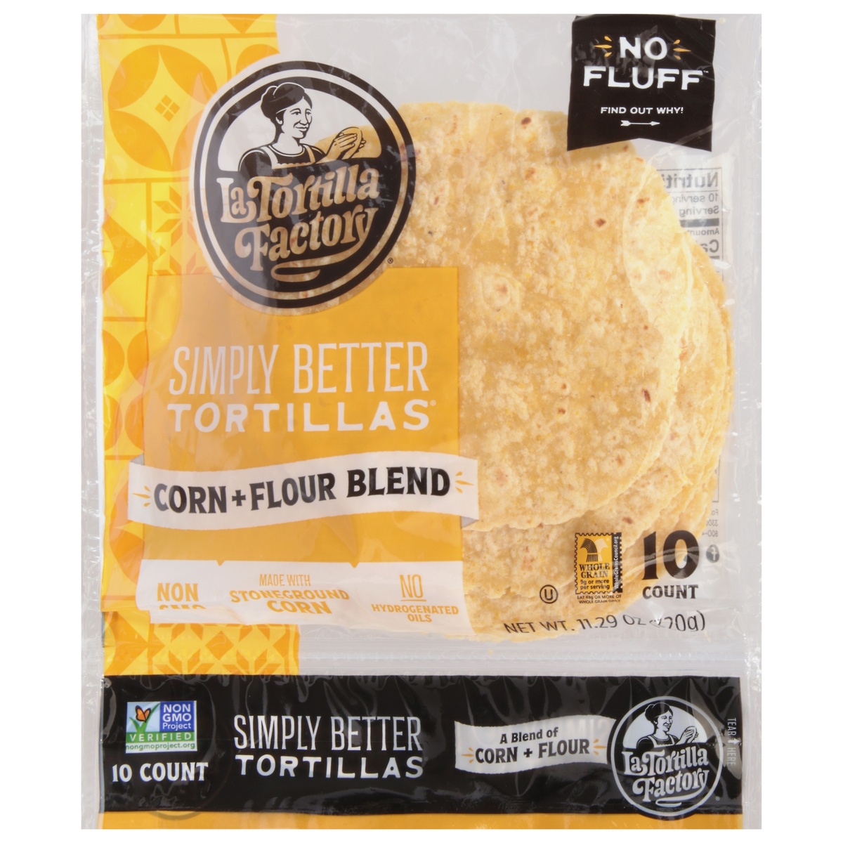 slide 1 of 1, La Tortilla Factory Corn + Flour Blend Simply Better Tortillas 10 ea, 11.29 oz