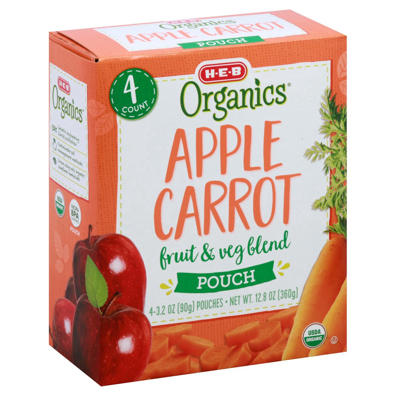 slide 1 of 1, H-E-B Organics Apple Carrot Fruit & Veg Blend Pouches, 4 ct