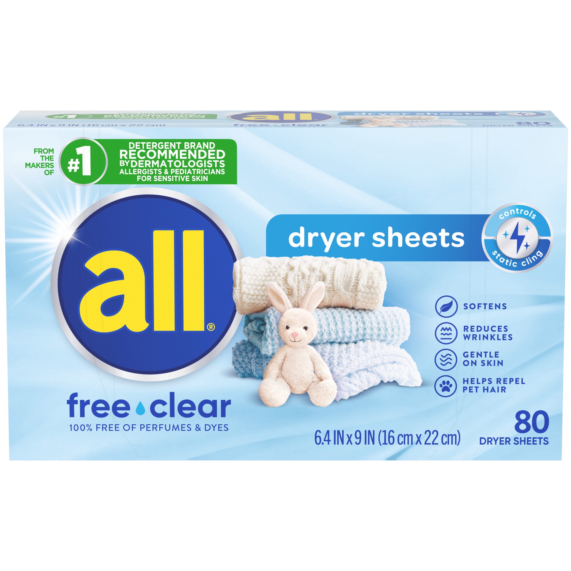 slide 2 of 3, All Fabric Softener Dryer Sheets for Sensitive Skin, Free Clear, 80 Count, 80 ct