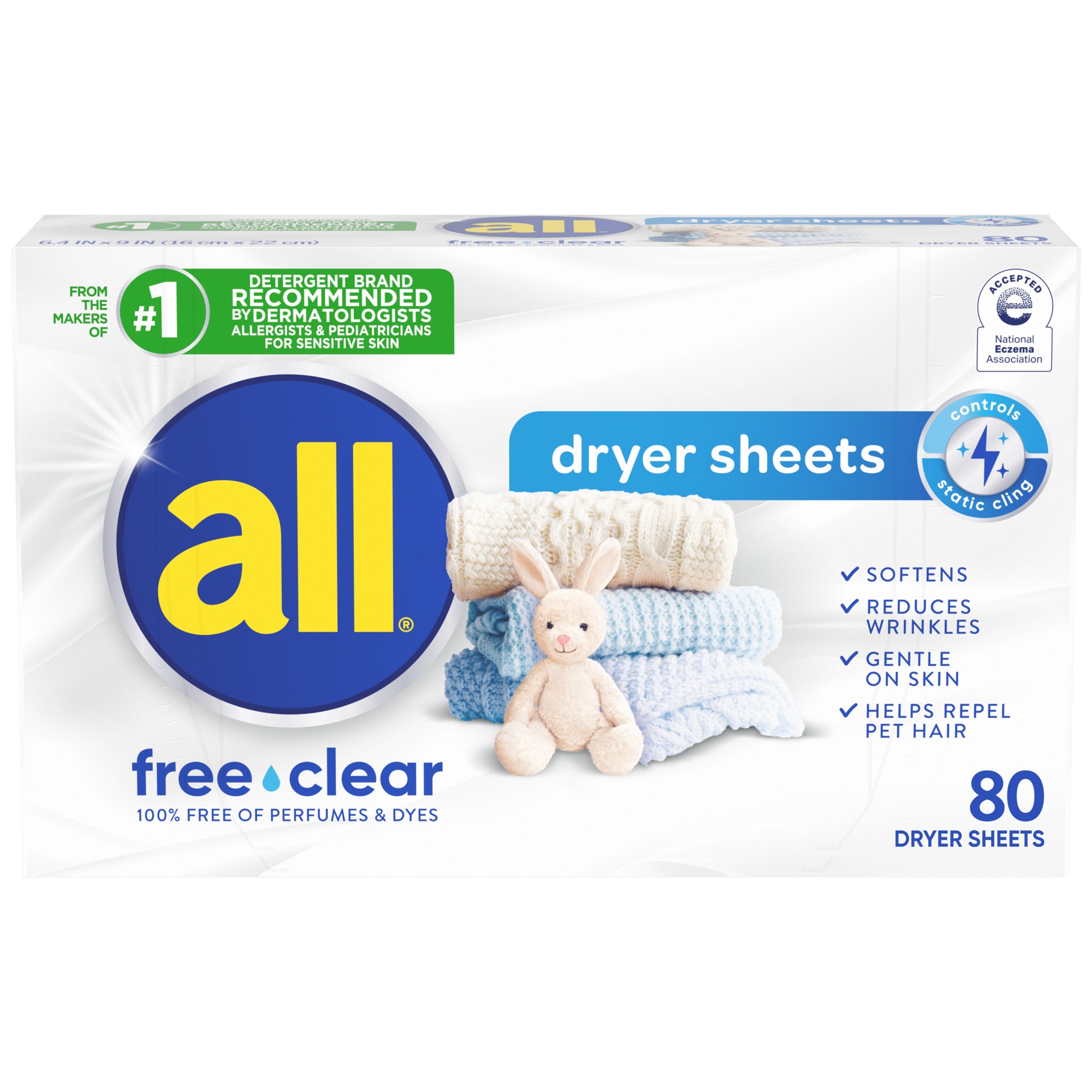 slide 1 of 3, All Fabric Softener Dryer Sheets for Sensitive Skin, Free Clear, 80 Count, 80 ct