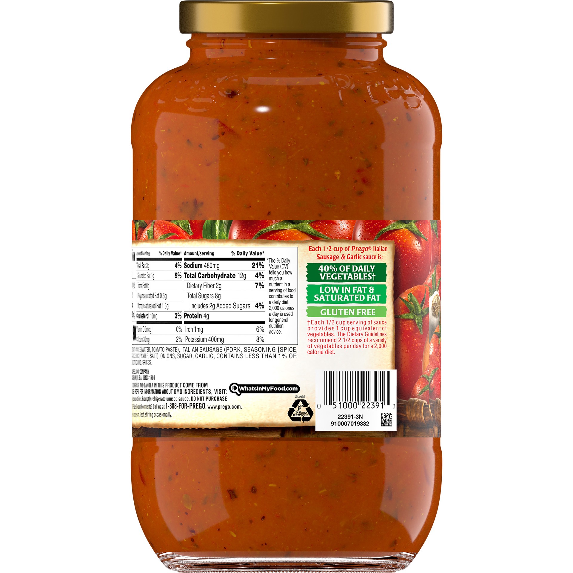 slide 4 of 5, Prego Pasta Sauce, Tomato Sauce with Italian Sausage & Garlic, 44 Ounce Jar, 44 oz