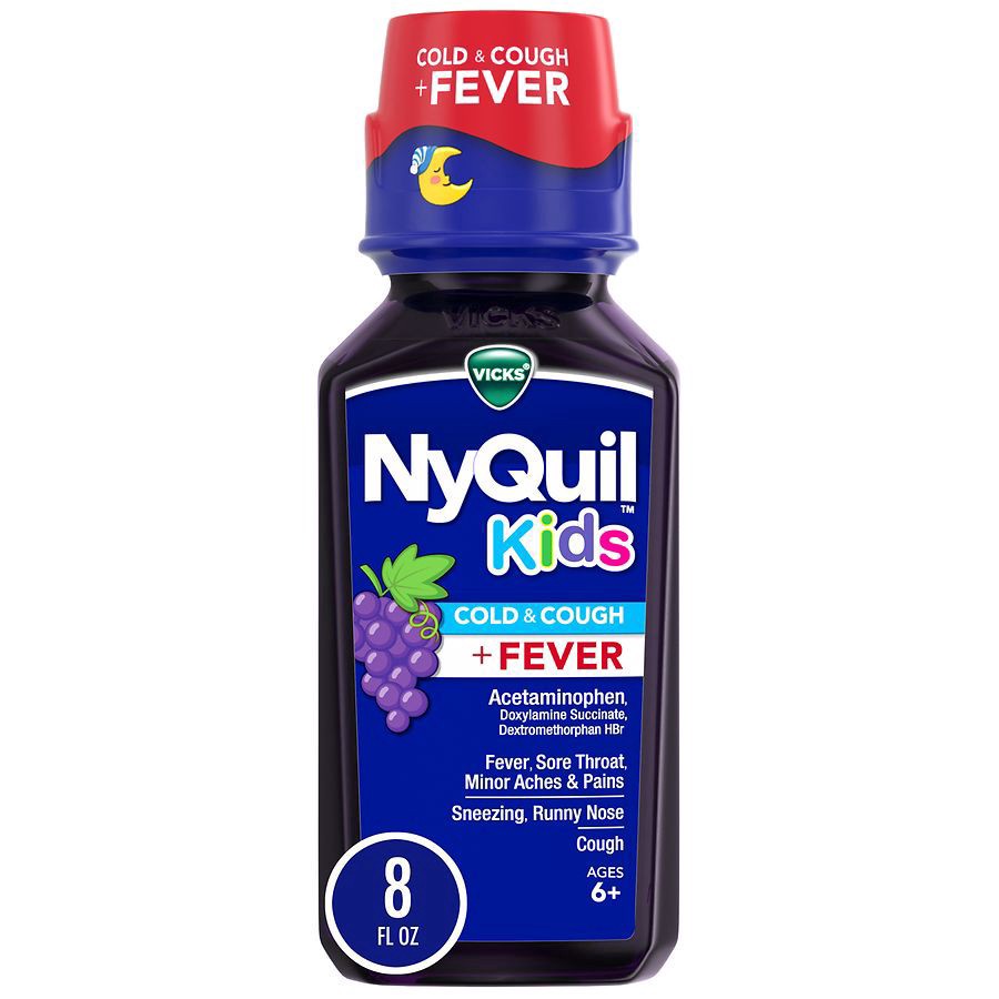 slide 1 of 5, VICKS NyQuil Kids Grape Cold & Cough + Fever Multi-Symptom Relief Liquid, Nighttime Relief of Cough, Sore Throat, Sneezing, Runny Nose and Fever, Great-Tasting Grape Flavored Medicine, Specially Formulated for Kids Ages 6+, 8 OZ, 8 fl oz