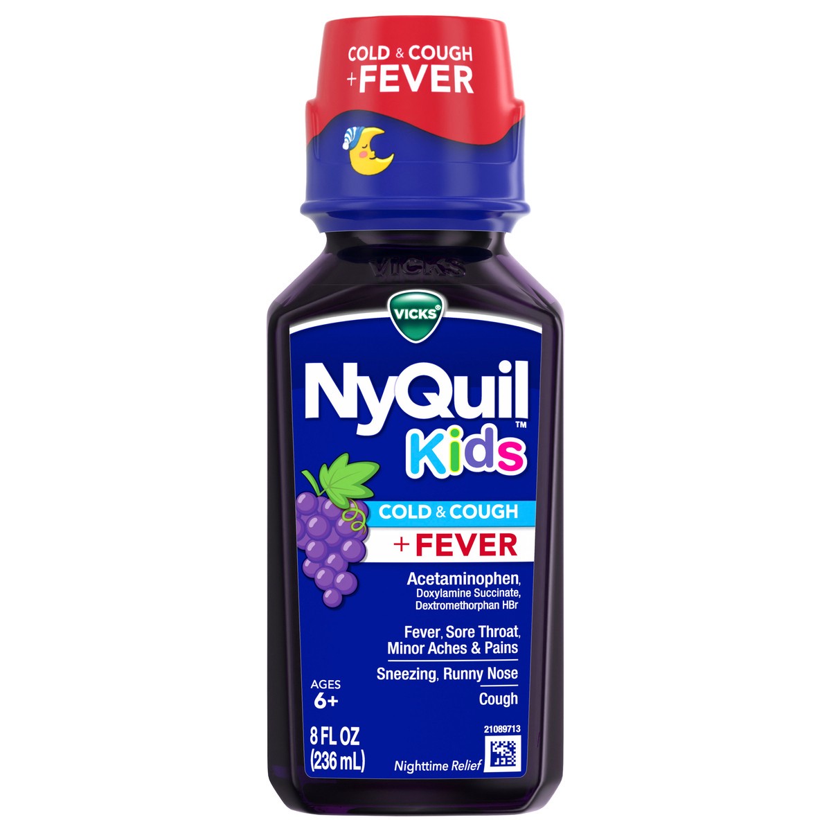 slide 1 of 9, VICKS NyQuil Kids Grape Cold & Cough + Fever Multi-Symptom Relief Liquid, Nighttime Relief of Cough, Sore Throat, Sneezing, Runny Nose and Fever, Great-Tasting Grape Flavored Medicine, Specially Formulated for Kids Ages 6+, 8 OZ, 8 fl oz