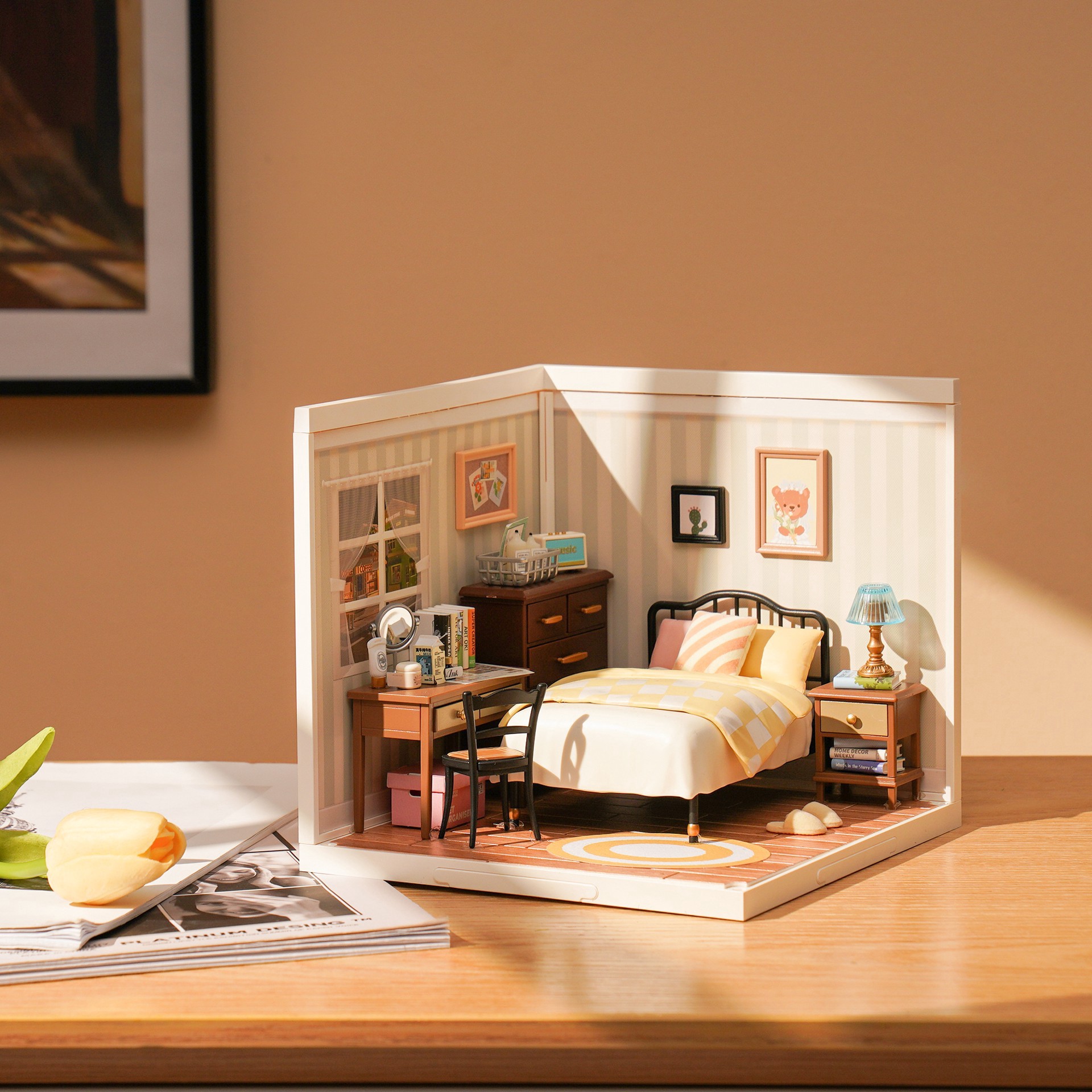 slide 4 of 7, Robotime Rolife Super Creator Sweet Dream Bedroom Diy Miniature Kit, 5.98 in x 6.93 in x 6.42 in