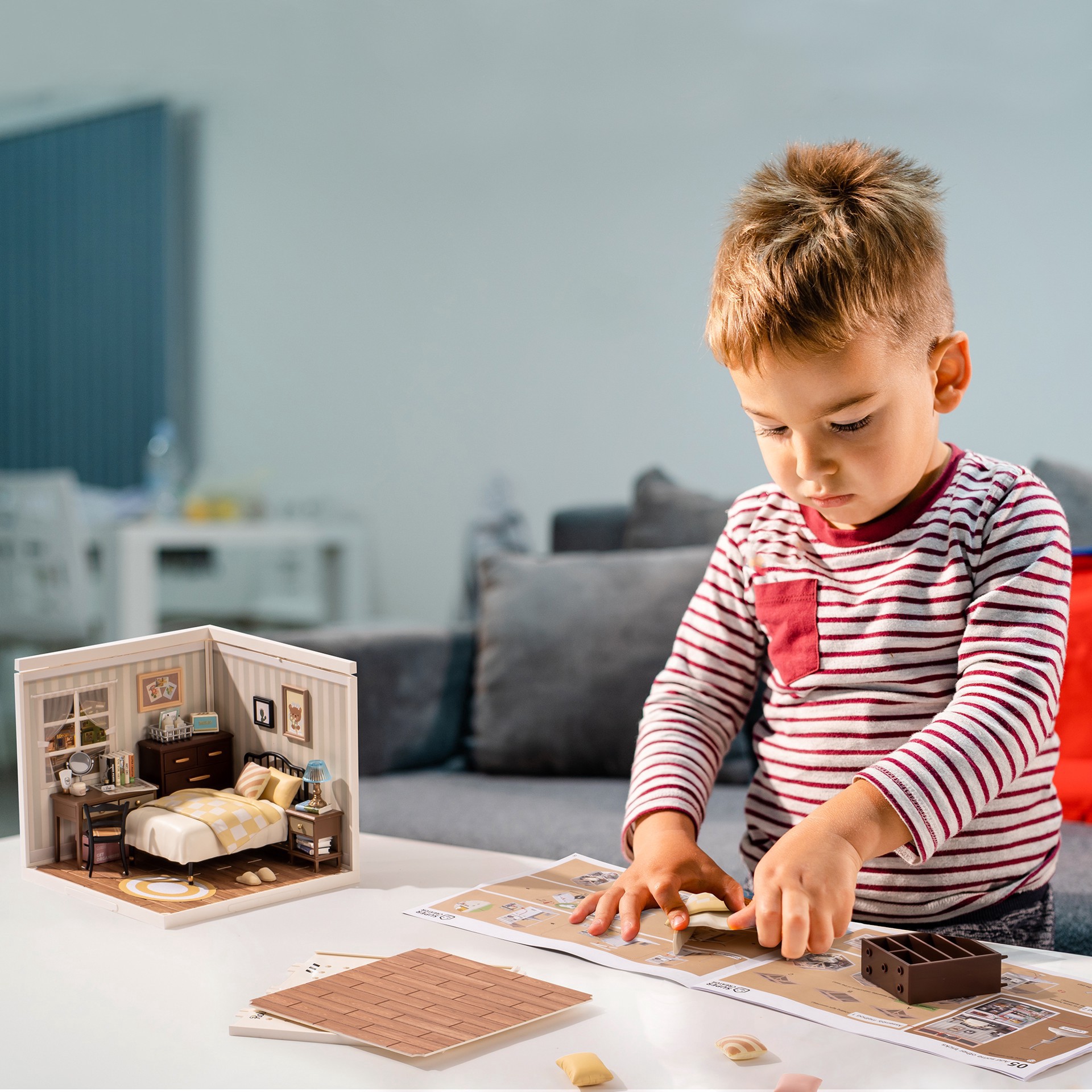 slide 3 of 7, Robotime Rolife Super Creator Sweet Dream Bedroom Diy Miniature Kit, 5.98 in x 6.93 in x 6.42 in