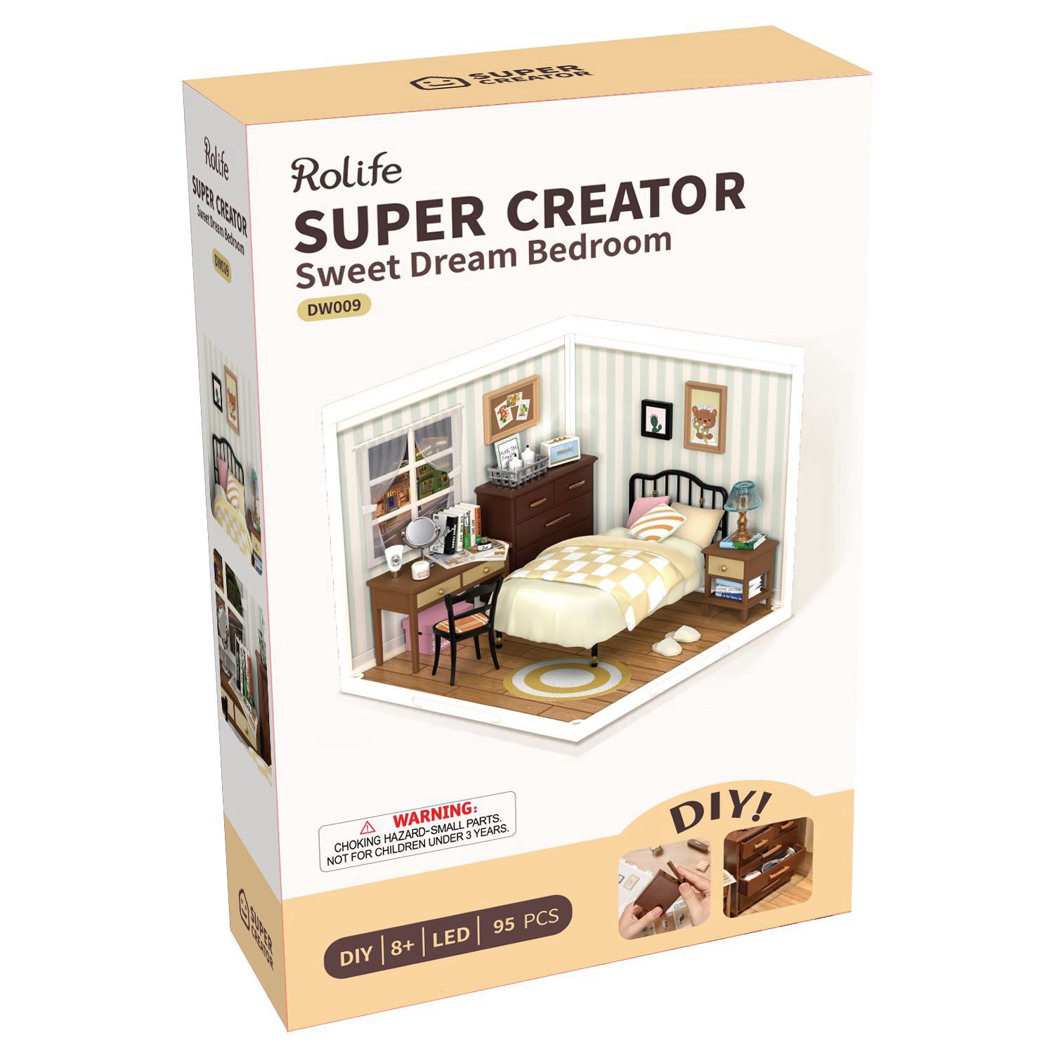 slide 5 of 7, Robotime Rolife Super Creator Sweet Dream Bedroom Diy Miniature Kit, 5.98 in x 6.93 in x 6.42 in
