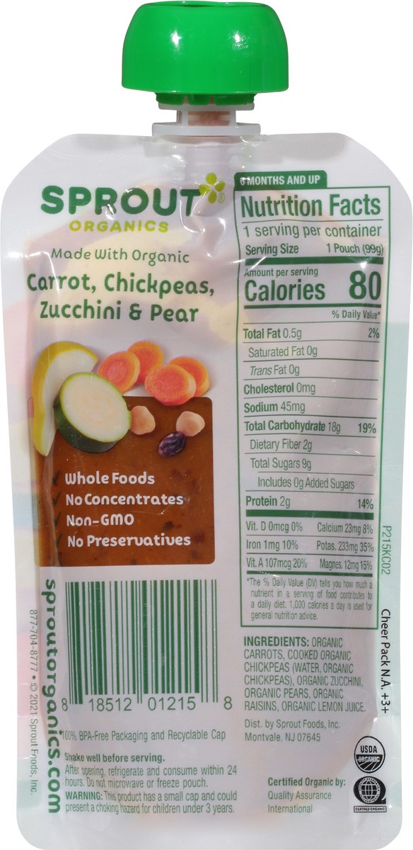 slide 3 of 9, Sprout Organics 6+ Months Carrot, Chickpeas, Zucchini & Pear Baby Food 3.5 oz, 3.5 oz