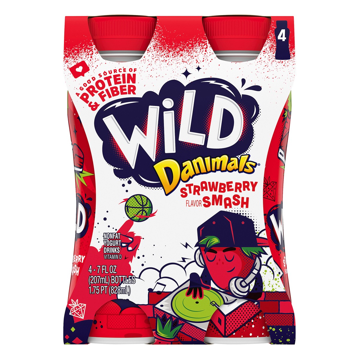 slide 1 of 7, Danimals Wild Nonfat 4 Pack Strawberry Flavor Smash Yogurt Drinks 4 ea, 4 ct