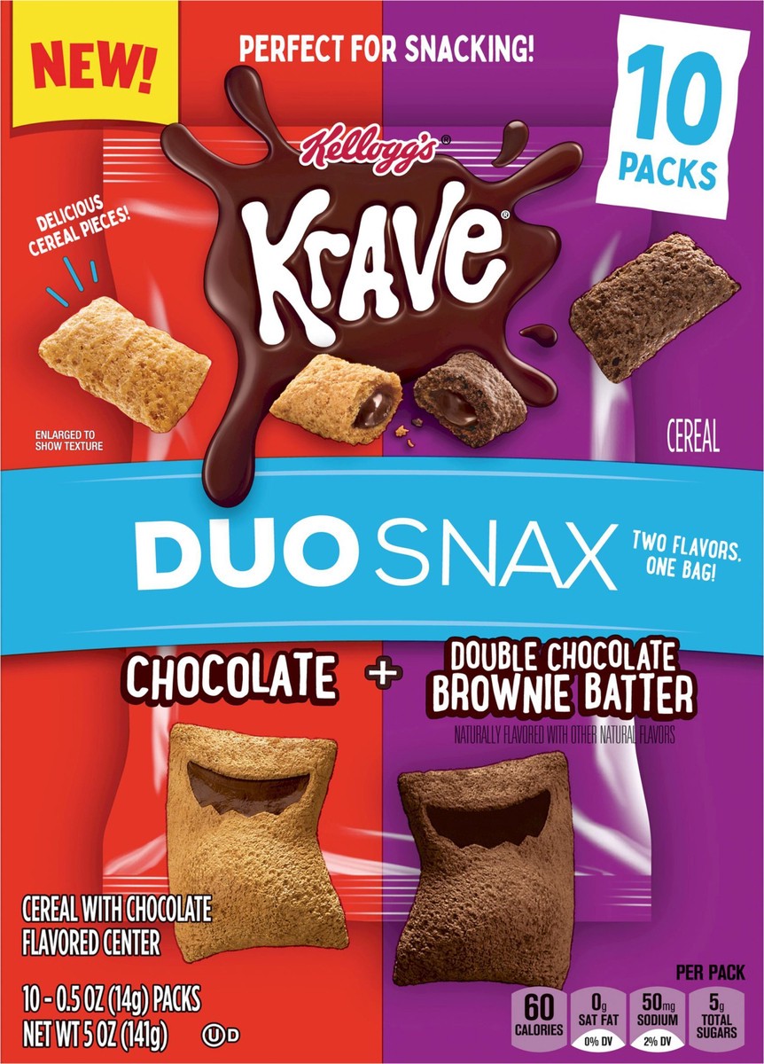 slide 4 of 9, Krave Kellogg's Krave Duo Snax Cereal Snacks, Kids Snacks, Lunch Snacks, Chocolate and Double Chocolate Brownie Batter, 5oz Box, 10 Pouches, 10 ct