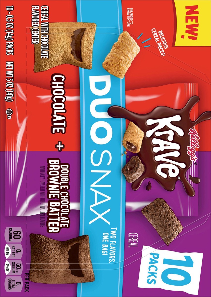 slide 9 of 9, Krave Kellogg's Krave Duo Snax Cereal Snacks, Kids Snacks, Lunch Snacks, Chocolate and Double Chocolate Brownie Batter, 5oz Box, 10 Pouches, 10 ct