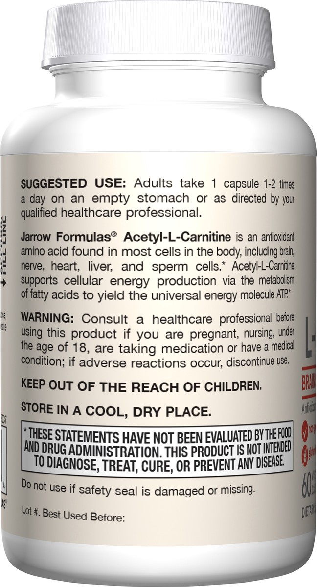 slide 3 of 4, Jarrow Formulas Acetyl L-Carnitine 500 mg - Antioxidant Protection for the Brain - Supports Energy Production & Metabolism - Heart & Cardiovascular Health - 60 Veggie Capsules, 60 ct