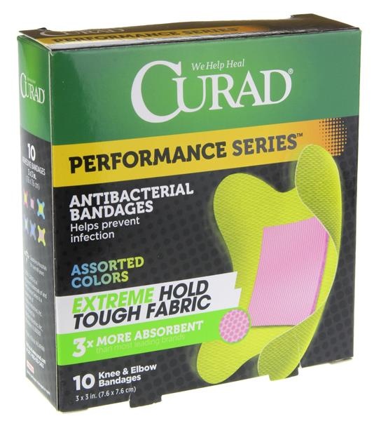 slide 1 of 1, Curad Performance Series Antibacterial Bandage Extreme Hold Knee & Elbow, 10 ct