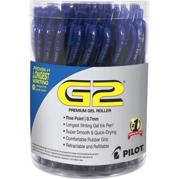 slide 1 of 4, Gatorade Pilot G2 Retractable Gel Pen, Fine Point, 0.7Mm, Clear Barrels, Blue Ink, Tub Of 36 Pens, 1 ct