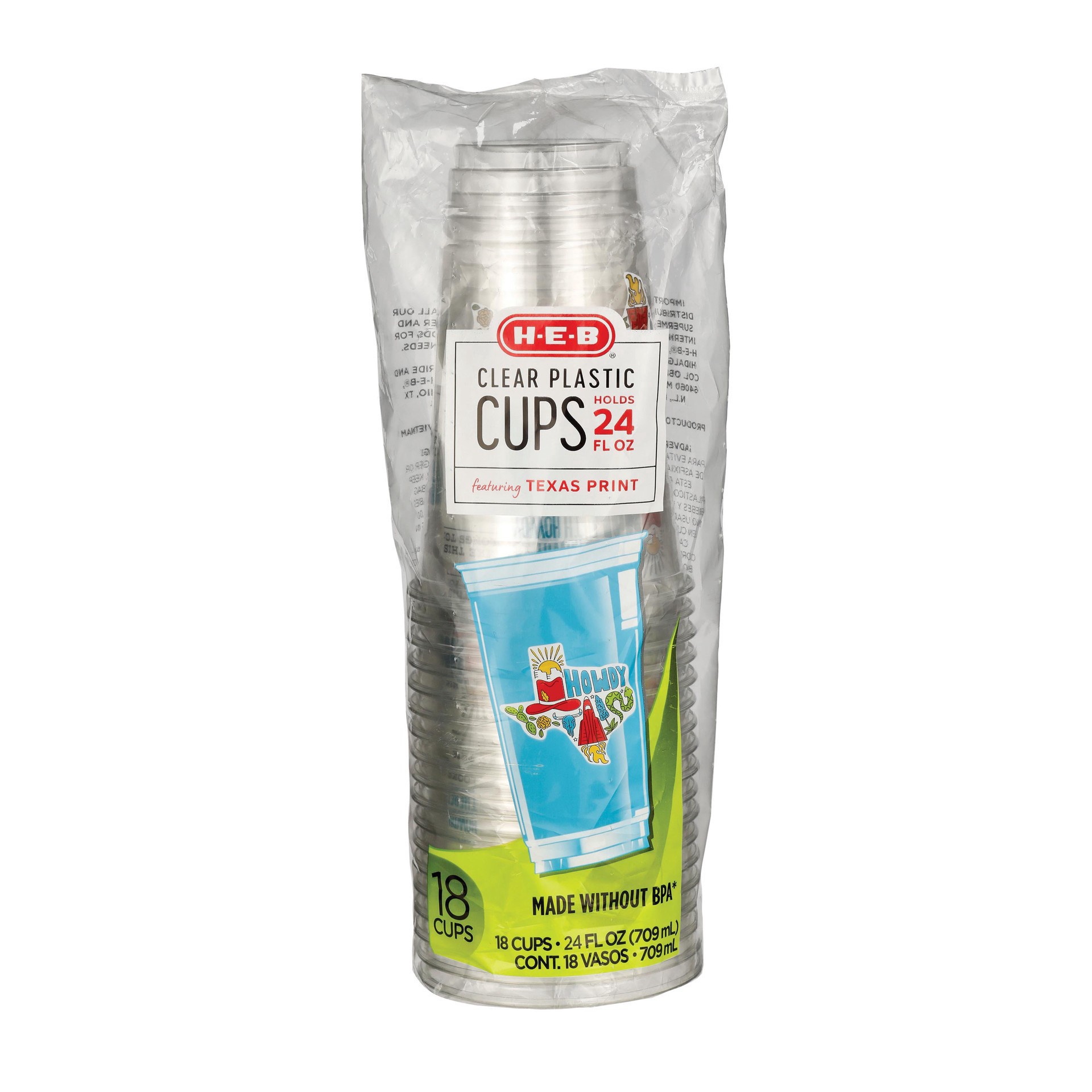 slide 1 of 1, H-E-B Clear 24 oz Plastic Cups Texas Print, 18 ct