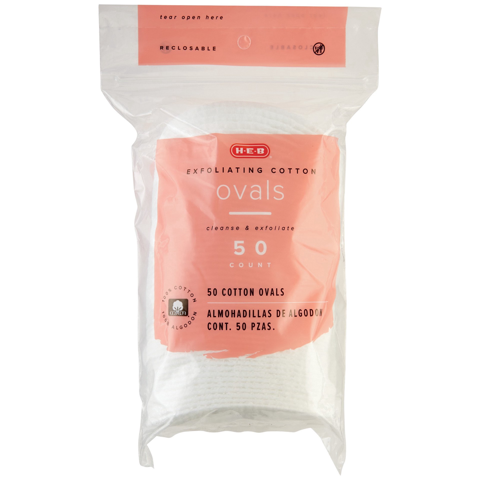 slide 1 of 1, H-E-B Exfoliating Cotton Ovals, 50 ct