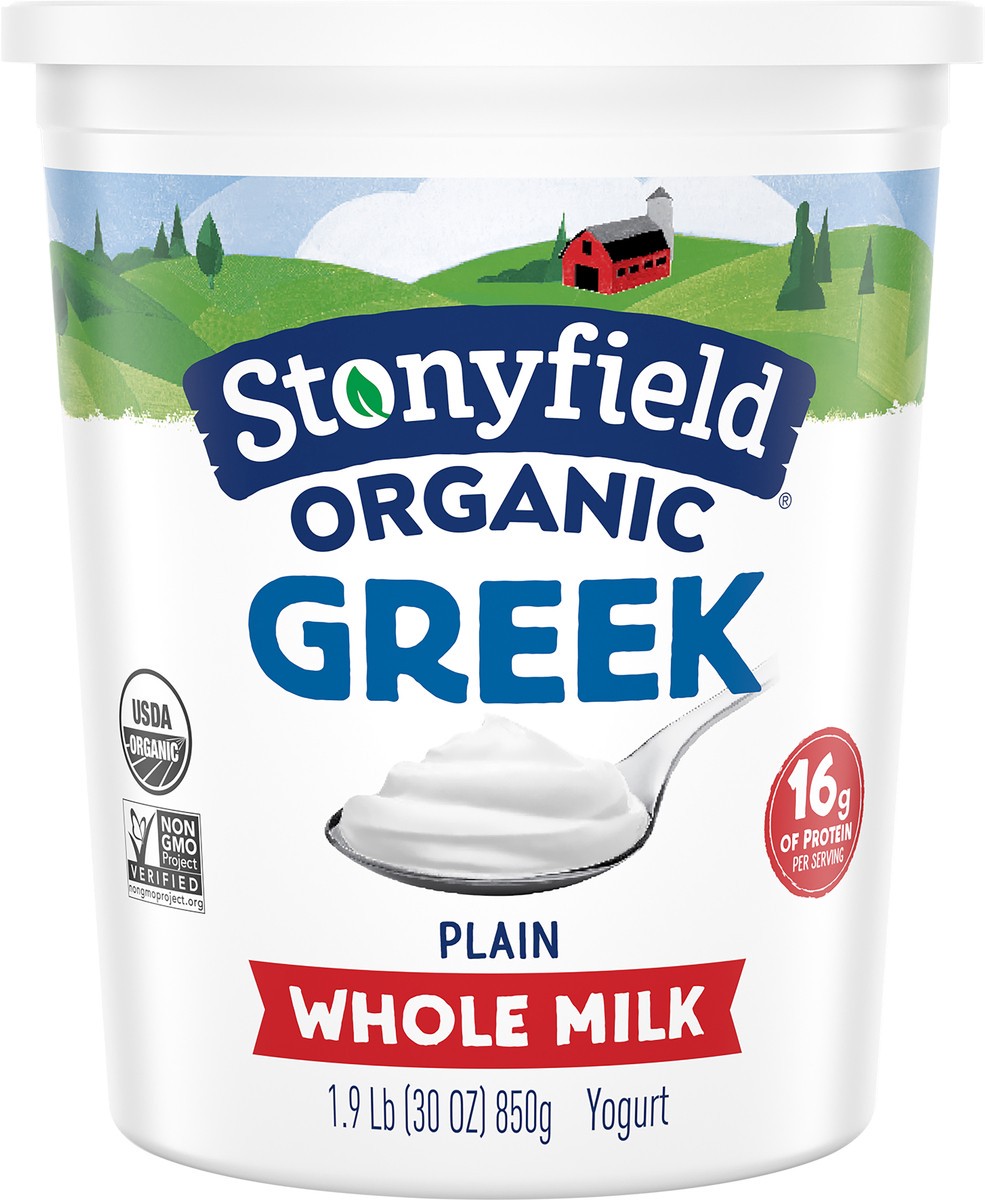 slide 1 of 8, Stonyfield Greek Organic Whole Milk Plain Yogurt 850 g, 850 gram